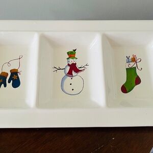 White ceramic divided serving tray with hand-painted Christmas designs